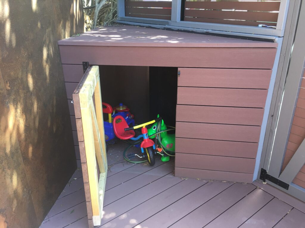 Gas meter housing and storage with the door open