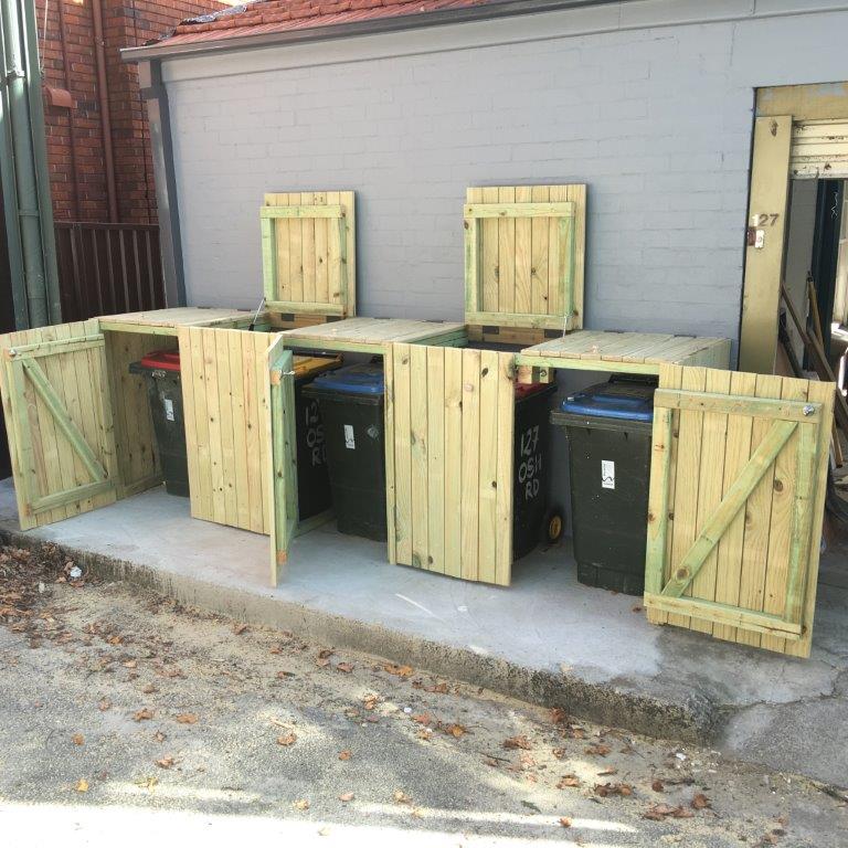 Treated pine five-bin enclosure with lids and gas struts, Maroubra