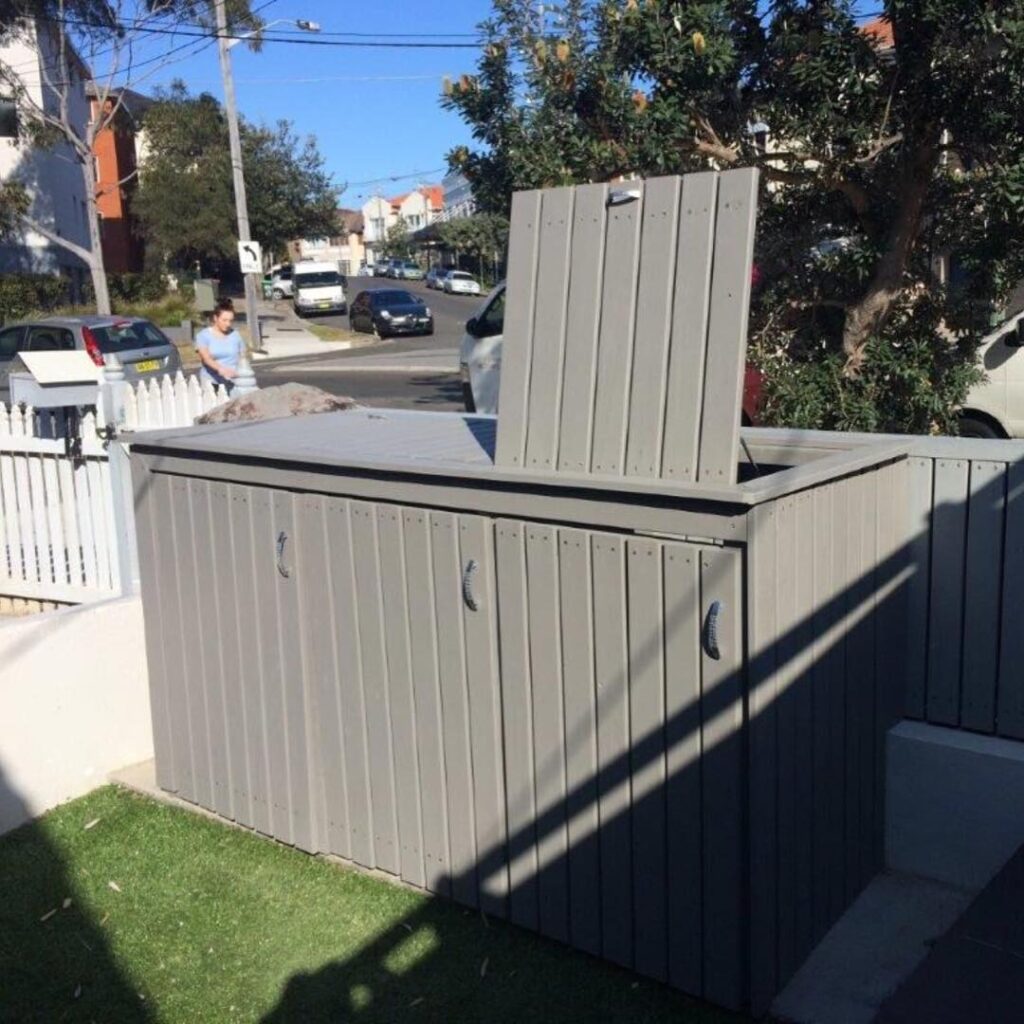 Painted treated pine wheelie bin enclosure with lids and gas struts, Clovelly