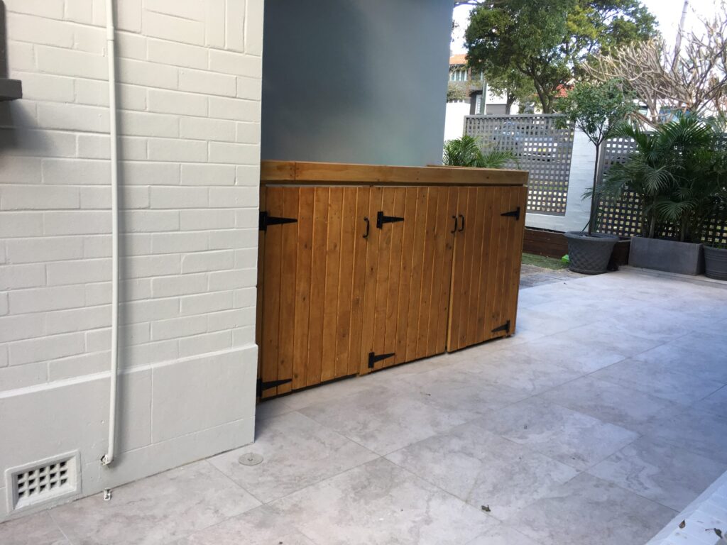 Blackbutt wheelie bin enclosure, open at the top for access, Double Bay