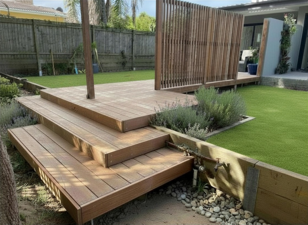 Spotted Gum deck with steps and vertical timber privacy screen beside a lawn