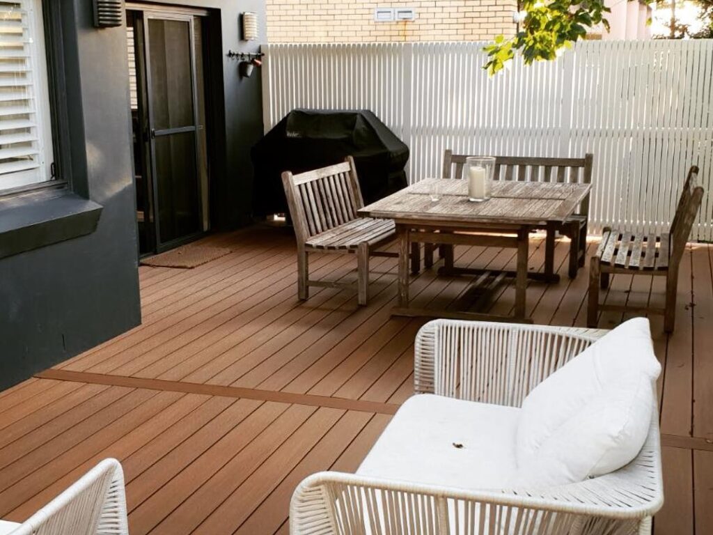 Custom timber deck with outdoor dining and lounge setting, Maroubra