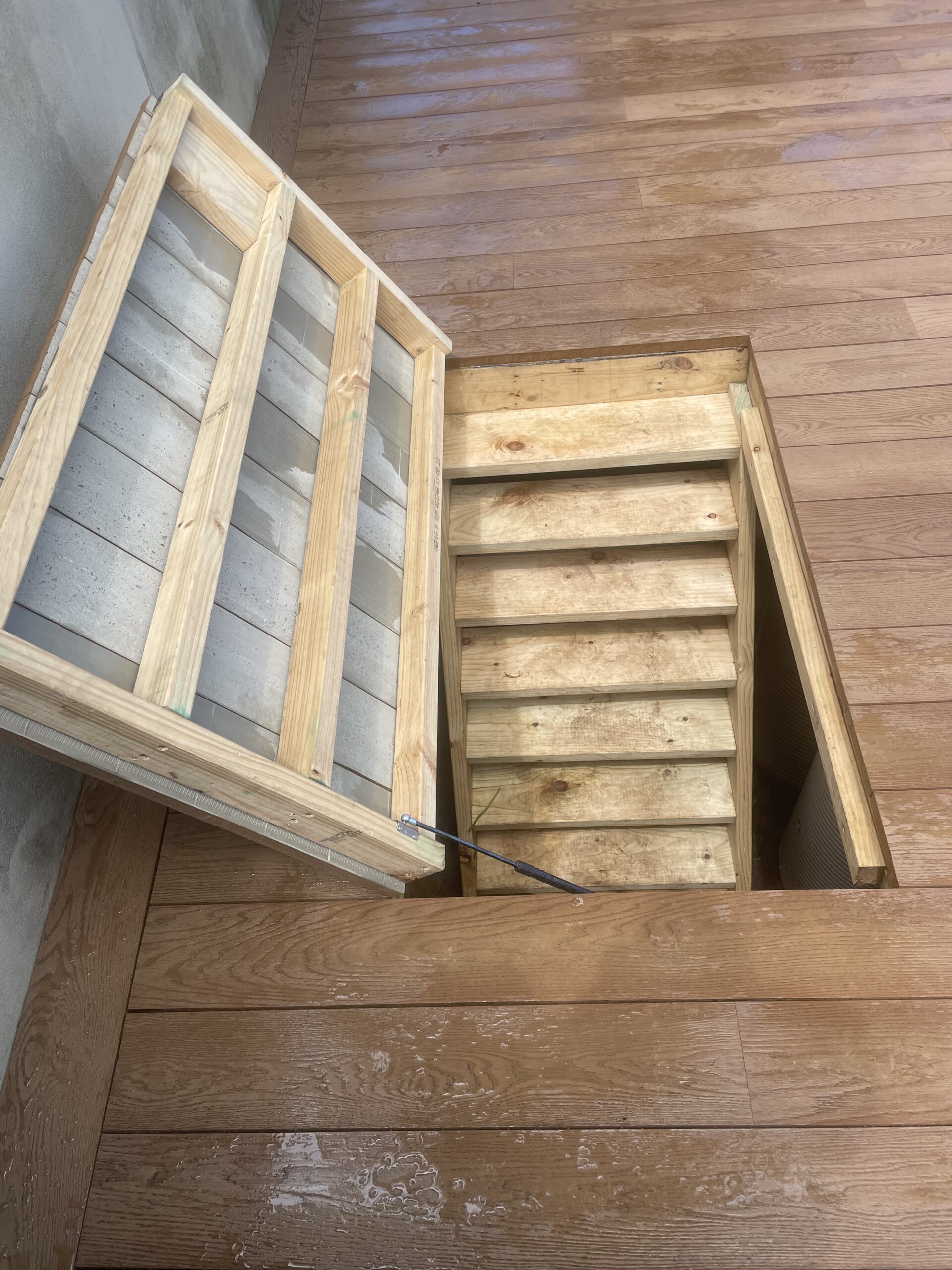 Concealed access door open showing gas strut, Clovelly pool deck — The Decksmith