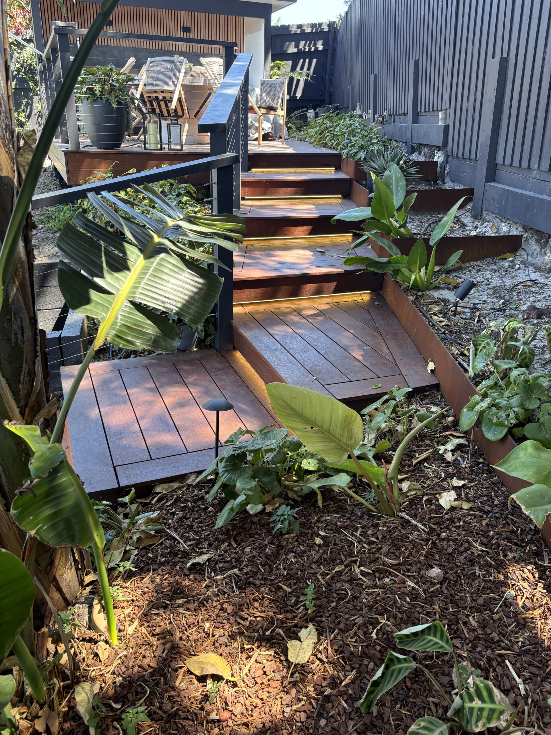 Floating timber staircase with strip lighting and coastal landscaping, Coogee