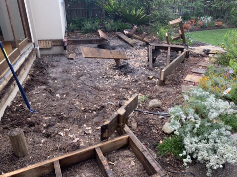 Demolition of old deck in progress, Little Bay Ironbark project