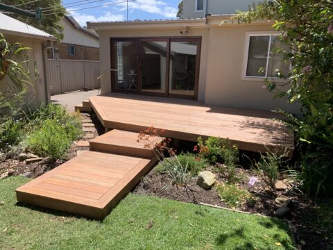 Finished Ironbark deck with extended garden landing steps, Little Bay