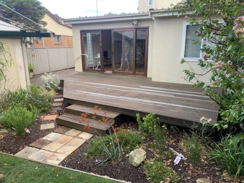 Original deck viewed from garden side before Ironbark rebuild in Little Bay