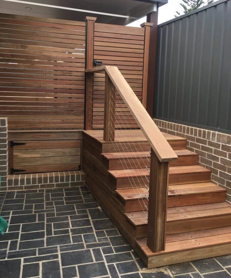 Luxury Spotted Gum entertaining deck with stainless cable security gate in Little Bay