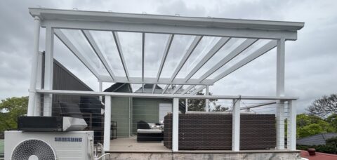 Completed Trex Transcend rooftop deck and EzGlaze pergola, Mascot