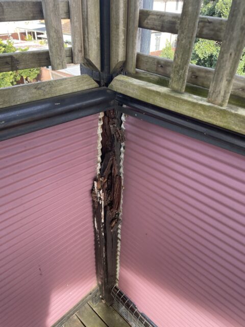 Structural timber condition revealed under old rooftop deck in Mascot
