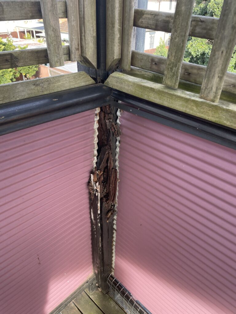 Structural timber condition revealed under old rooftop deck in Mascot