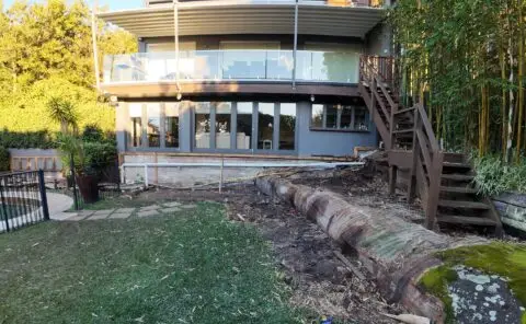 Vaucluse deck demolition — existing Merbau deck and frame stripped back to brick and bearer
