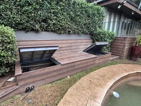 Pool equipment access hatches, closed flush with deck, Vaucluse
