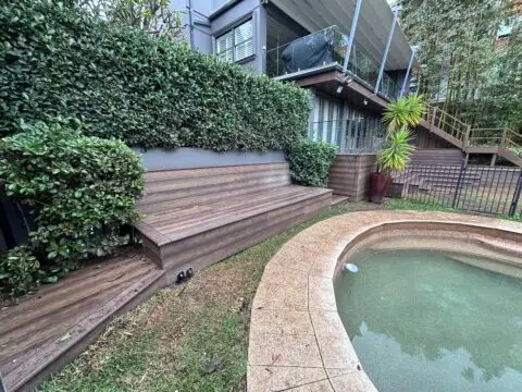 Pool-side bench seating and glass balustrade, 100% complete, Vaucluse