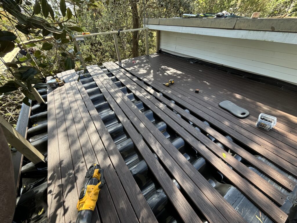 Trex RainEscape under-deck drainage troughs installed before the Trex boards at Bundeena