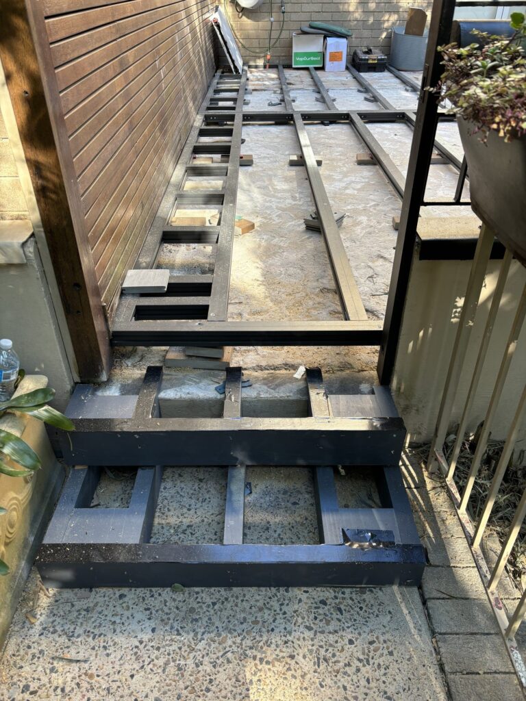 ClickDeck aluminium framing at garden gate entrance with stair framing, Neutral Bay