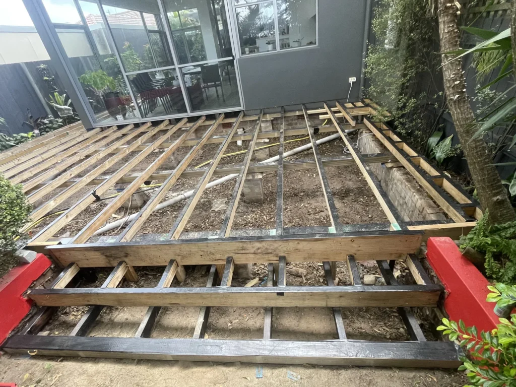 New treated pine deck frame at Kyogle Street Maroubra with the step framing built off the main deck