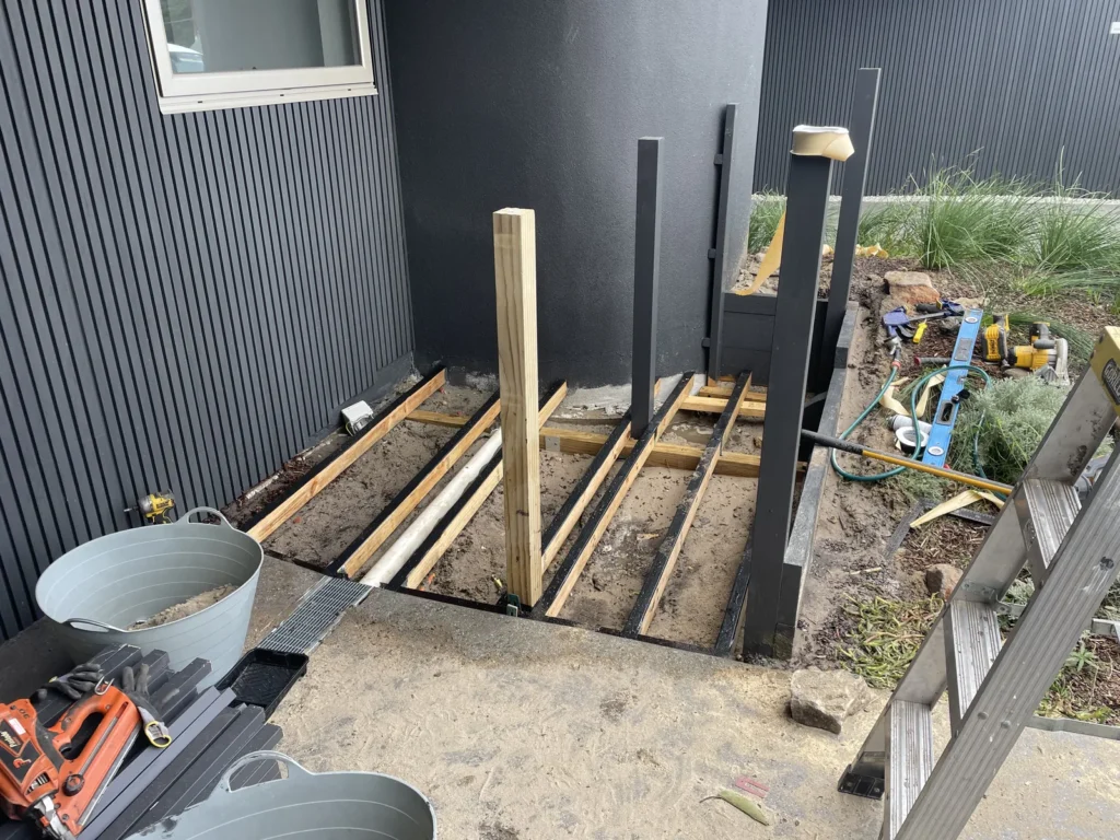 Treated pine frame and posts going in for the bin and scooter store at Mons Avenue Maroubra