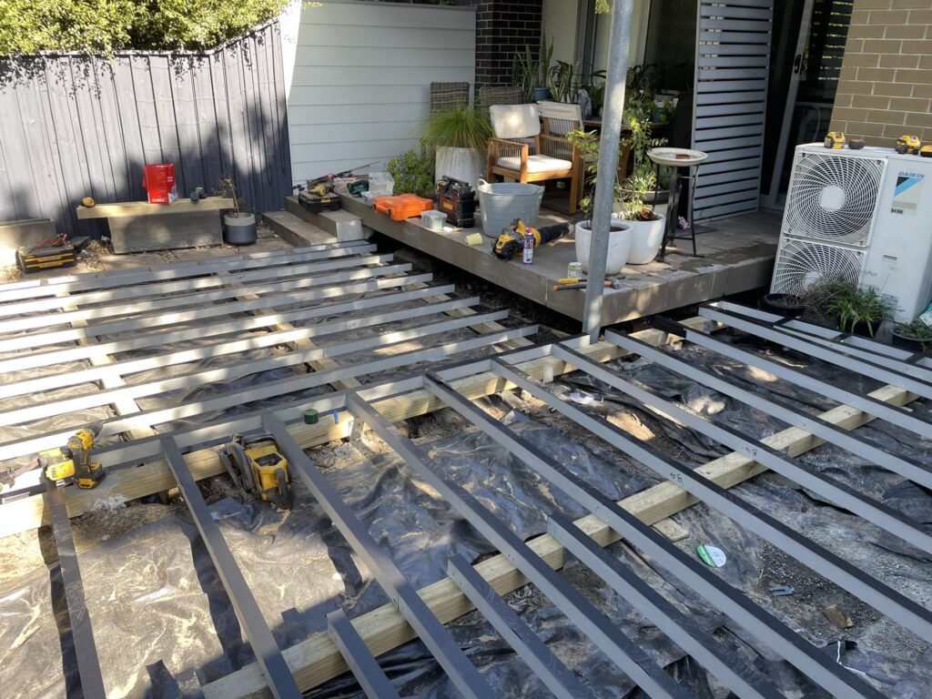Split-level low deck subframe in Matraville showing the two levels and the change in board direction