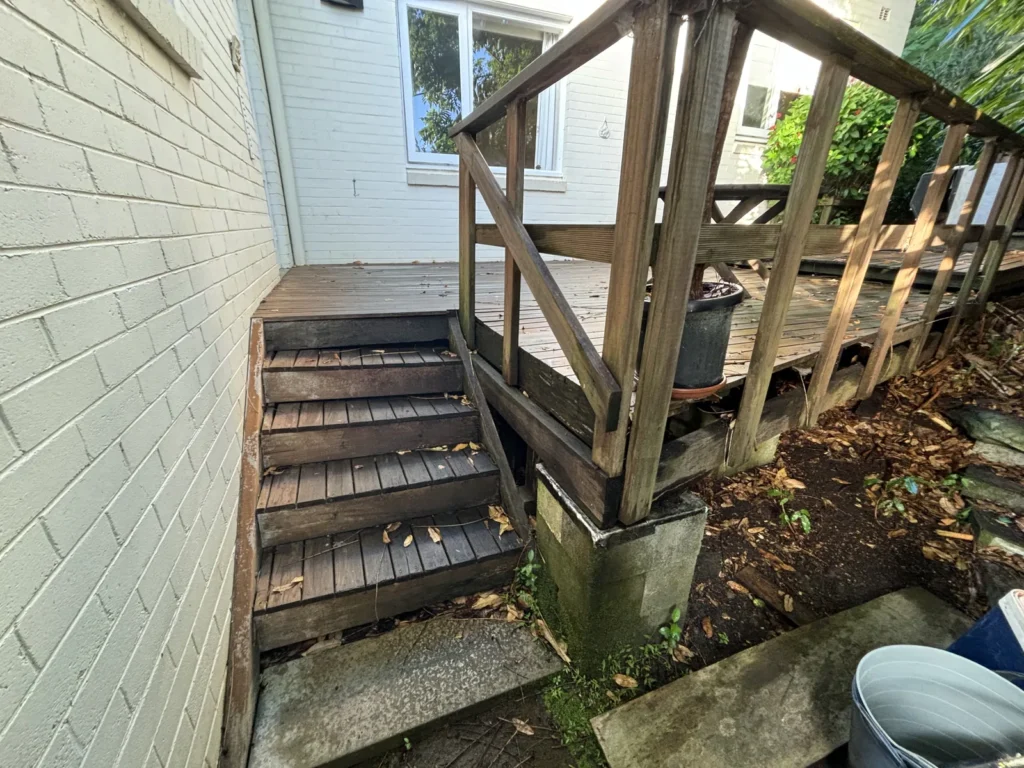 Unsafe treads on the old timber stairs before removal, Neutral Bay