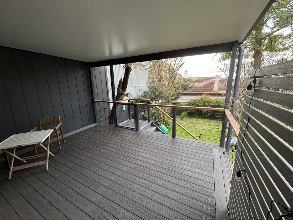 WoodEvo ADVANCED decking in Antique Silver on a covered deck with cable balustrade, Coogee